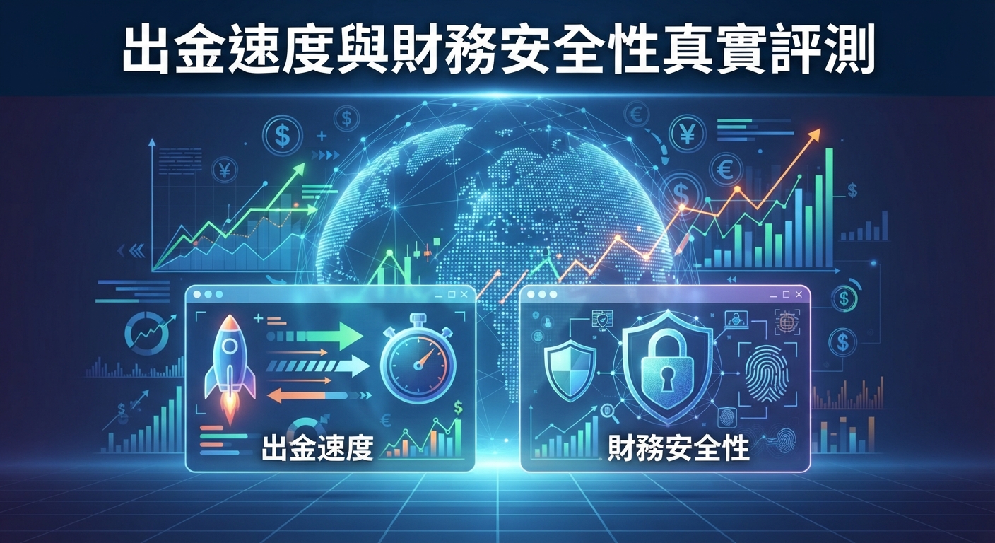 圖片以科技藍為主調，背景帶有全球網絡與金融圖表。 上方顯示標題「出金速度與財務安全性真實評測」，下方則以火箭與防護盾圖標分別象徵出金速度與財務安全性。